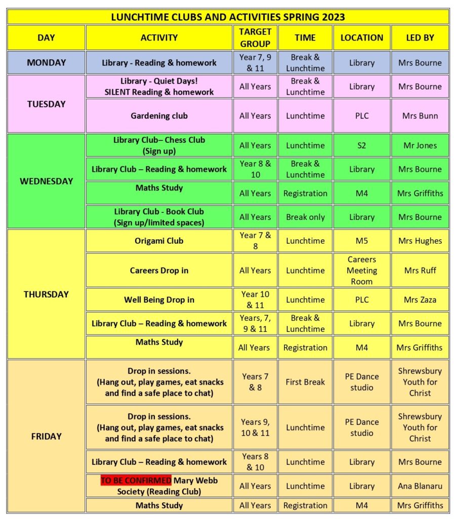 Lunchtime Activities - Spring 2023 - Term 1